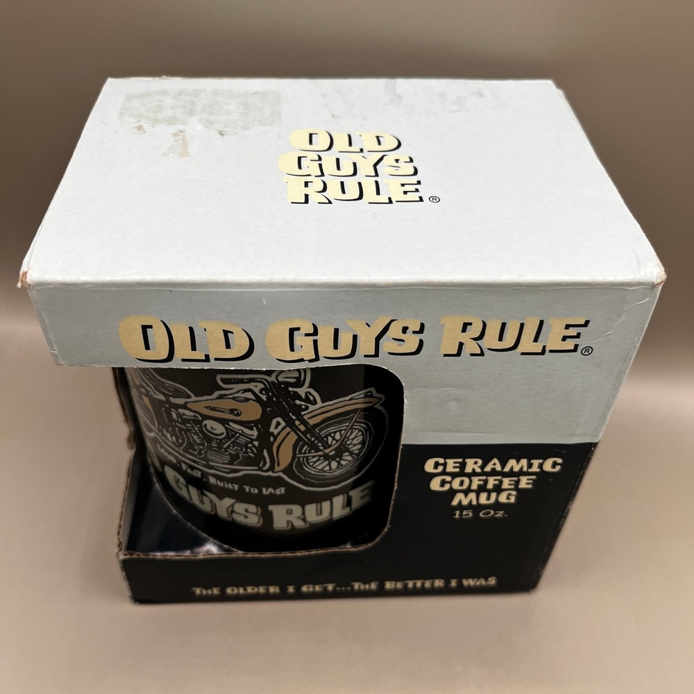 Old Guys Rule Pan Head Motorcycle Ceramic Coffee Mug 15 Oz Black New in Box - Picture 2 of 10